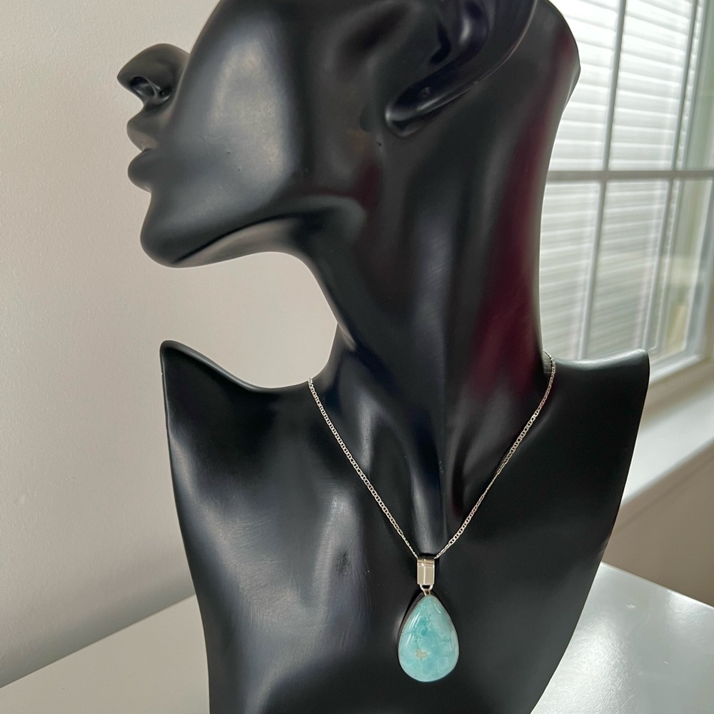 Natural Larimar tear drop pendant with sterling silver chain